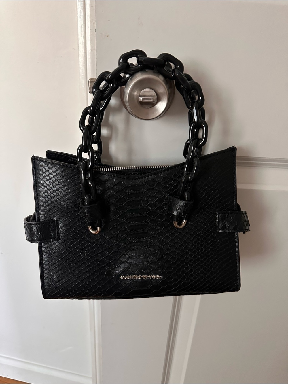 Maniere De Voir Black Snake-Embossed Satchel with Chunky Chain Handles